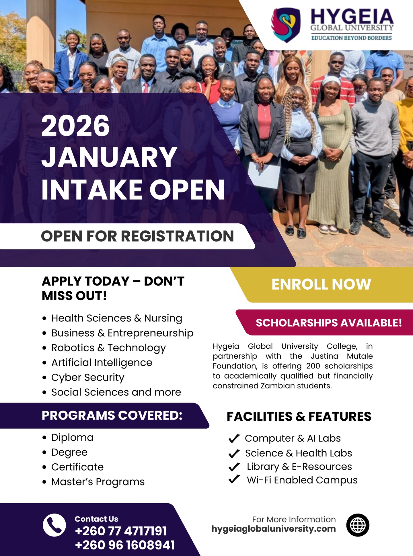 Transform your future with education!
200 Scholarships available at Hygeia Global University College for Zambian students.
Apply today – limited slots!

Address: Ndola-Kitwe Dual Carriageway, Copperbelt, Maposa, Luanshya, Zambia
Phone: +260 77 4717191 / +260 96 1608941
Email: info@hygeiaglobaluniversity.com
Registration Link: https://hygeiaglobaluniversity.com/admission-enquiry/