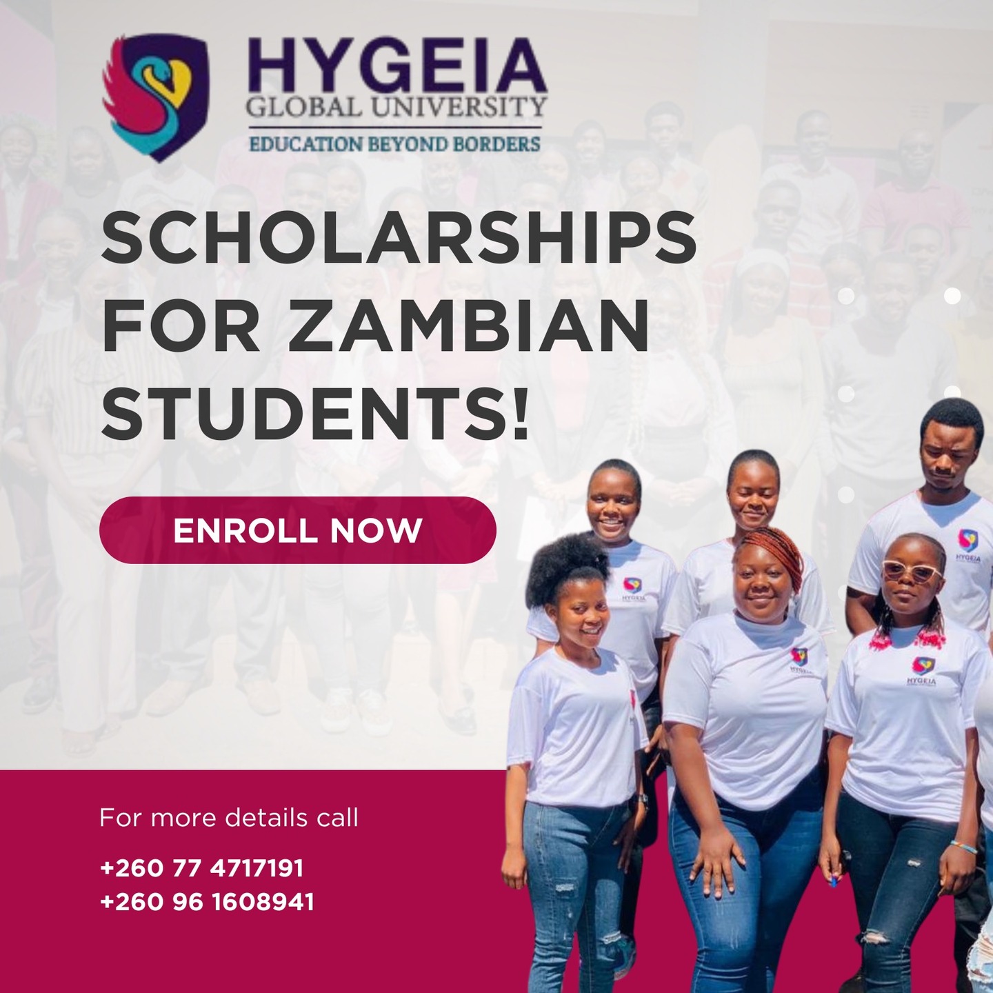 Scholarships available at Hygeia Global University College for Zambian students.
Apply today – limited slots!

Address: Ndola-Kitwe Dual Carriageway, Copperbelt, Maposa, Luanshya, Zambia
Phone: +260 77 4717191 / +260 96 1608941
Email: info@hygeiaglobaluniversity.com
Registration Link: https://hygeiaglobaluniversity.com/admission-enquiry/