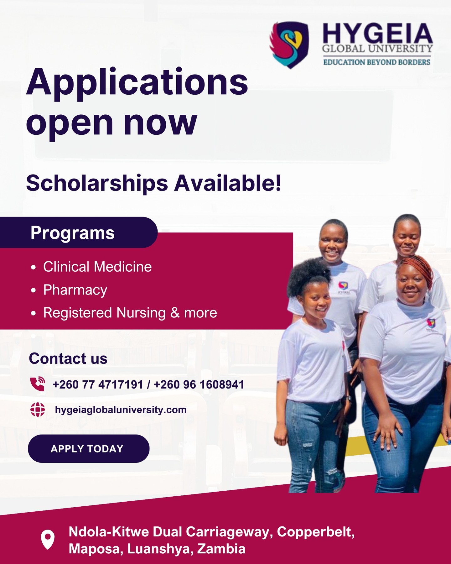 Big News!
200 scholarships are open for academically talented but financially constrained Zambian students.
👉 Don’t wait – Apply today!

Address: Ndola-Kitwe Dual Carriageway, Copperbelt, Maposa, Luanshya, Zambia
Phone: +260 77 4717191 / +260 96 1608941
Email: info@hygeiaglobaluniversity.com
Registration Link: https://hygeiaglobaluniversity.com/admission-enquiry/